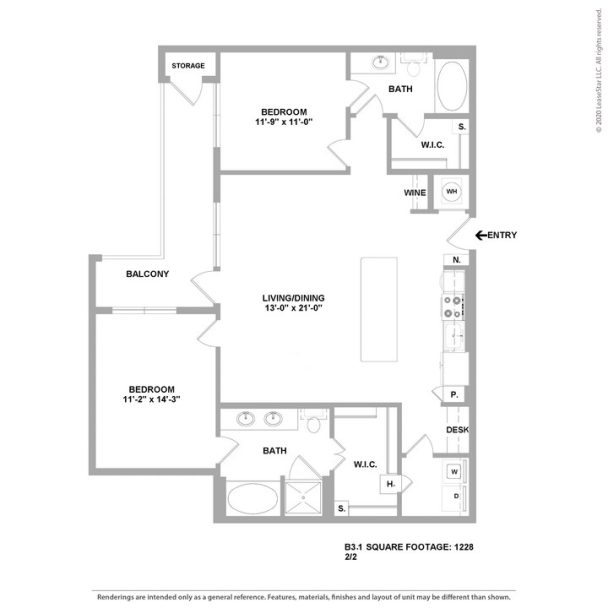 floor plan of a two bedroom apartment with two bathrooms at The Cedar at  Branch