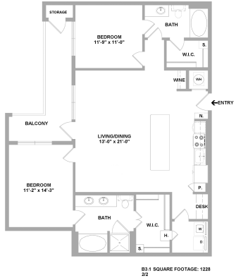 floor plan of a two bedroom apartment with two bathrooms at The Cedar at  Branch
