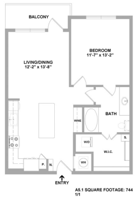 floor plan for a one bedroom apartment at The Cedar at  Branch