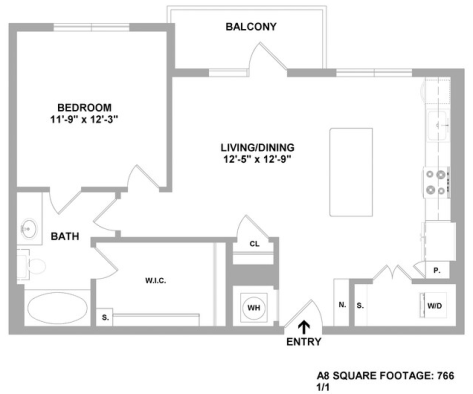 floor plan of a two bedroom apartment with a kitchen and living room at The Cedar at  Branch