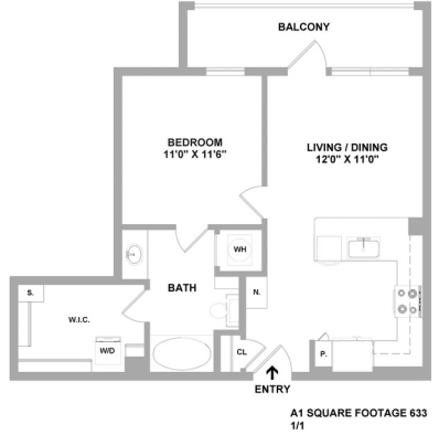 floor plan of a one bedroom apartment at The Cedar at  Branch