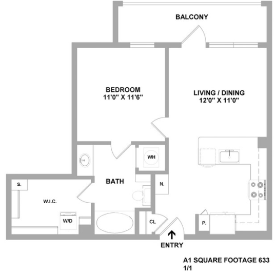 floor plan of a one bedroom apartment at The Cedar at  Branch
